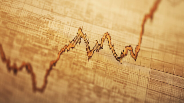 A close-up of a stock market graph showing fluctuating trends, with a vintage texture and red accents illustrating market dynamics.