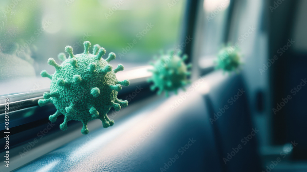 Poster a close-up of stylized virus models on a bus seat, highlighting concerns about germs in public trans