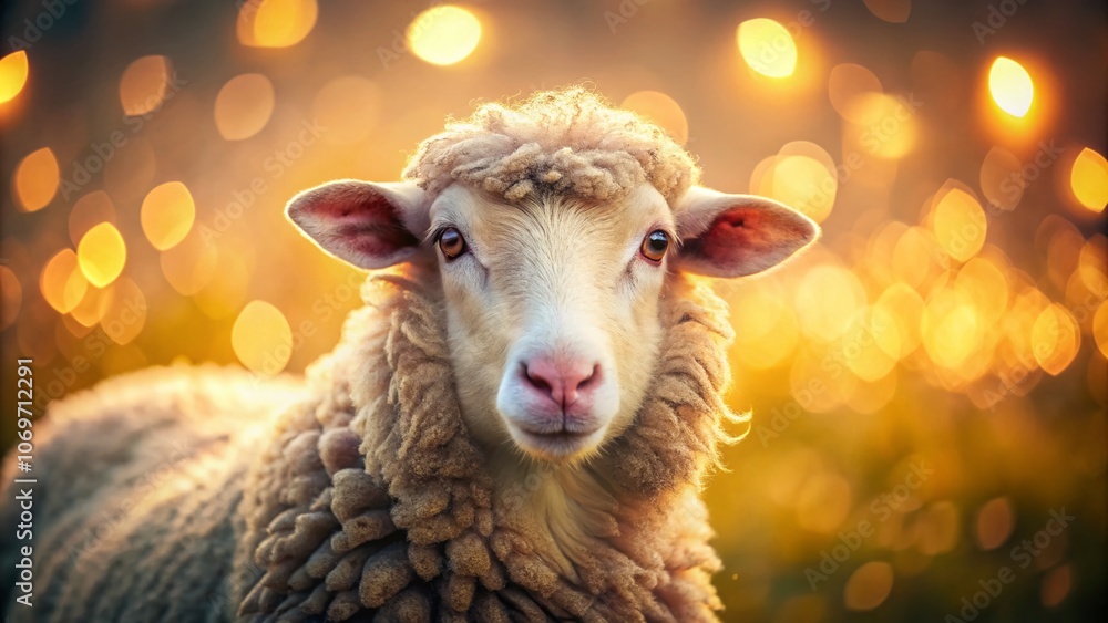 Poster captivating bokeh effect on the head of a fuzzy wool sheep in nature, highlighting soft textures and