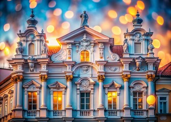Obraz premium Captivating Bokeh Effect of a Historic House Facade Sculpture in Vilnius Town Center, Highlighting Architectural Details and Urban Charm