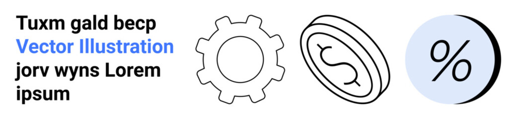 Gear, coin with dollar sign, and percentage symbol. Ideal for business presentations, financial reports, economic analysis, market strategies, investment portfolios, educational materials, website