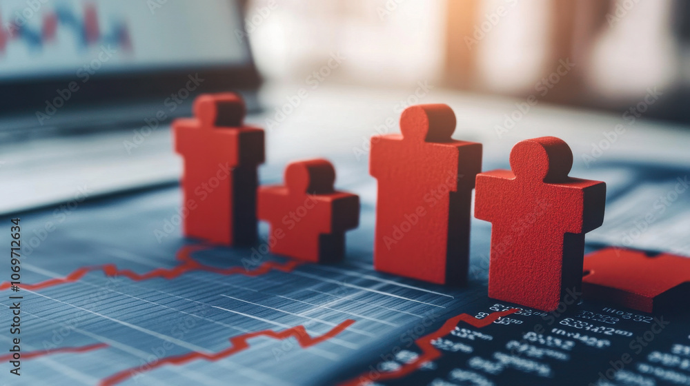 Poster a close-up image of red human figures representing growth on a financial chart, highlighting data an