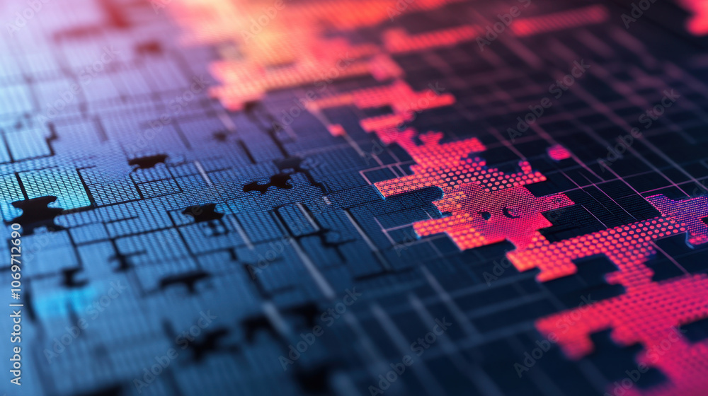 Poster a close-up view of a colorful, intricate circuit board design, featuring vibrant colors and complex 