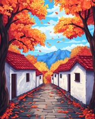 Charming autumn scene with orange trees, quaint houses, and a scenic pathway leading to distant mountains.