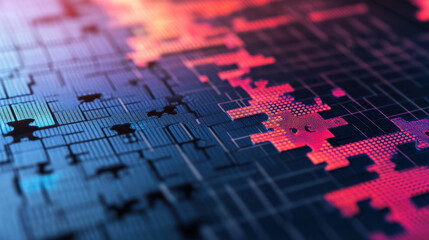 A close-up view of a colorful, intricate circuit board design, featuring vibrant colors and complex patterns, highlighting technology and digital innovation.