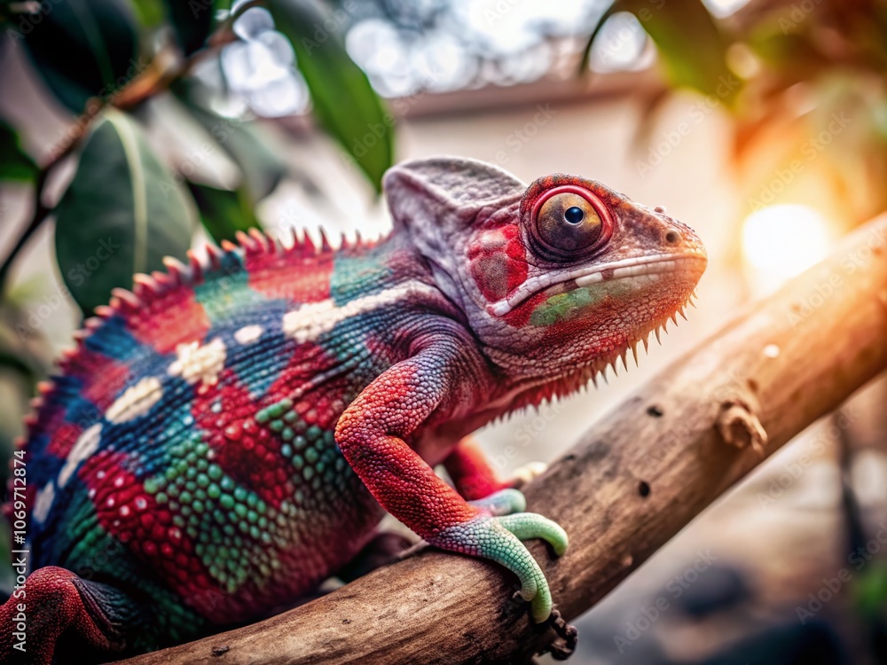 Poster captivating chameleons: a colorful display of nature's master of camouflage with bokeh effect in a l
