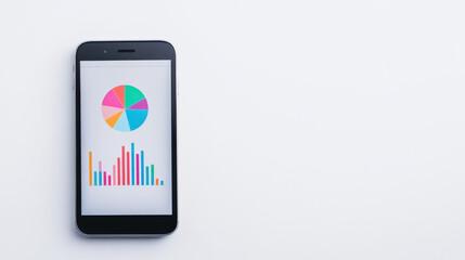 A smartphone displays colorful graphs and charts against a minimalistic background, highlighting data visualization.