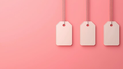 Blank price tags hanging against a soft pink background, ideal for labeling, organization, or marketing purposes.