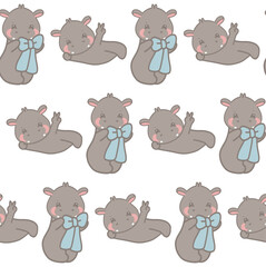 Seamless Cute Pygmy Hippo with Bow Adorable Gift Illustration