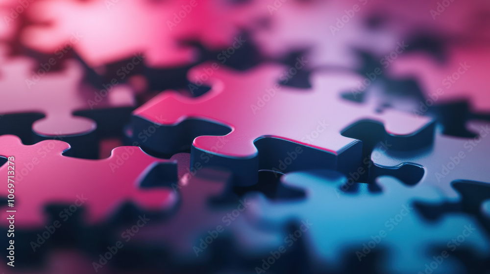 Poster a close-up of colorful puzzle pieces interlocking, showcasing intricate shapes and a blend of vivid 