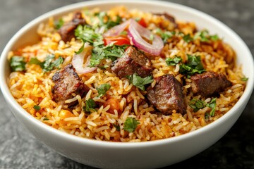 A bowl of flavorful biryani with meat. This is a photo of a popular South Asian dish, perfect for representing food, culture, and cuisine.