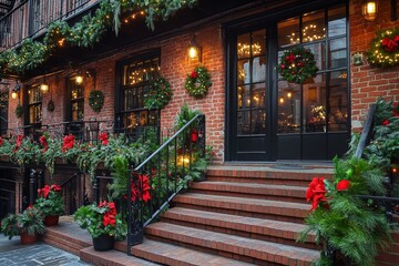 Fototapeta premium Exterior view of a Christmas-decorated Brooklyn apartment building with wreaths, lights, and greenery along the steps, with a coffee shop in the background.