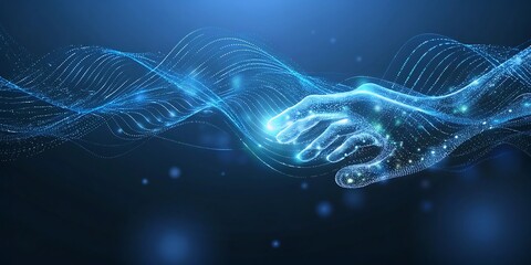 Abstract digital wave dots background with gradient color and hand shape technology.AI GENERATED