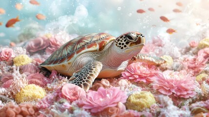 Obraz premium Sea Turtle Among Colorful Underwater Flowers and Fish