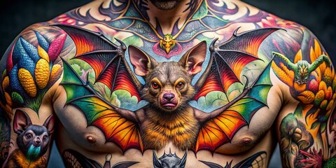 Fototapeta premium Captivating Documentary Photography of Intricately Designed Bat Tattoos Showcasing Artistic Expression and Cultural Symbolism in Various Styles and Ink Techniques