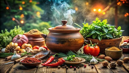 Captivating Double Exposure of a Clay Pot for Cooking Blending Nature's Elements with Culinary Artistry