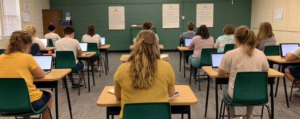A classroom filled with students seated at desks, engaged with laptops during a learning session or examination.