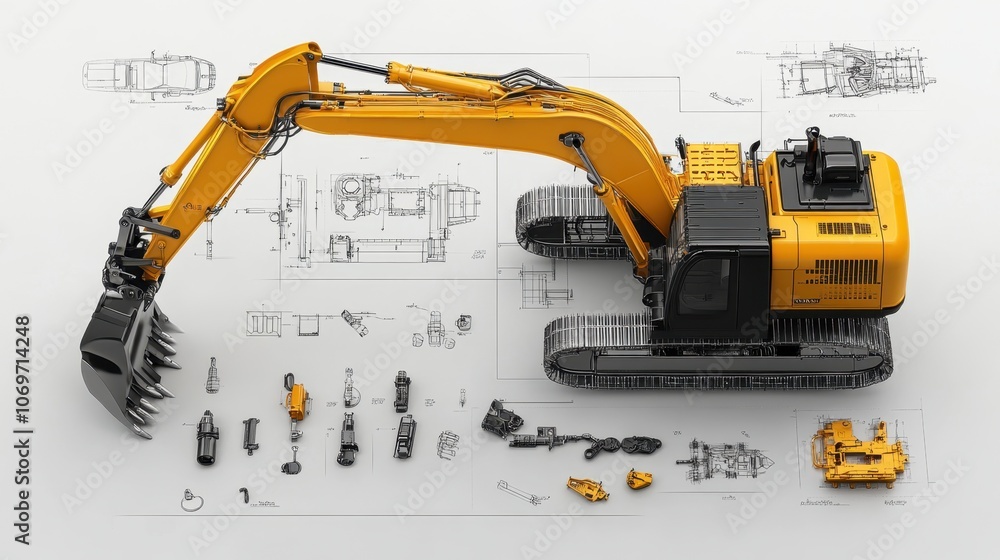 Aufkleber a top-down perspective of an excavator with its main components highlighted, combined with a bluepri