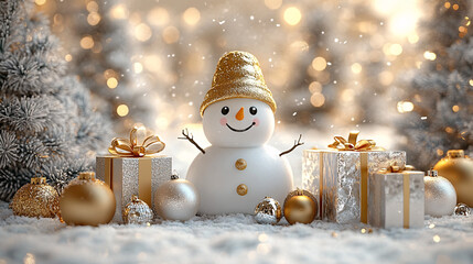 Obraz premium A cheerful snowman in a winter wonderland, surrounded by festive gifts and frosted trees, ideal for Christmas cards, holiday marketing, and seasonal decorations.