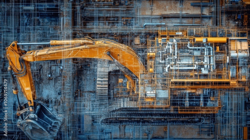 Aufkleber a top-down perspective of an excavator with its main components highlighted, combined with a bluepri