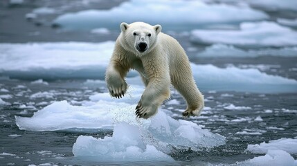 Polar Bear Leaping Over Ice in Arctic Environment