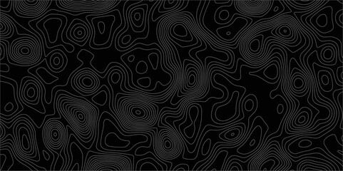 Abstract gray on black background with Topographic line map pattern. abstract wavy and curved lines background. linear map. Dark seamless design. Bold tile able isolines pattern. Vector illustration.