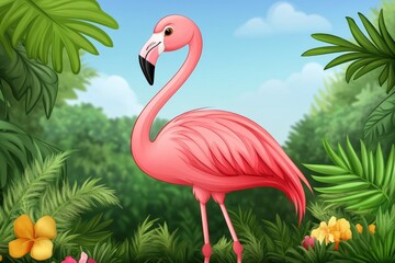Pink Flamingo Standing in Tropical Foliage