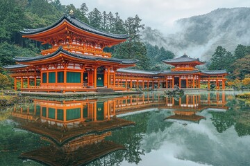 Fototapeta premium Japanese Temple Reflecting in Calm Pond Surrounded by Lush Greenery