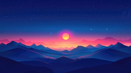 Silhouetted Mountains Under a Starry Sky with a Rising Sun