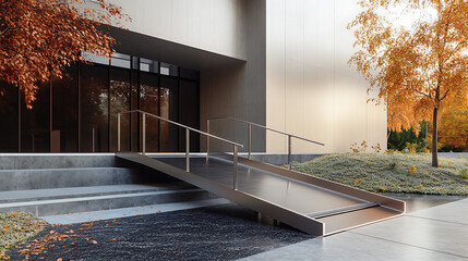 Wheelchair ramp outside modern building, inclusive design, welcoming atmosphere, 8k, hyper realistic, real life based