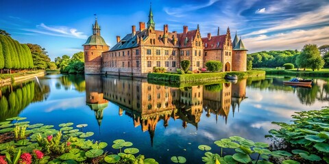 Naklejka premium Captivating Egeskov Water Castle on Funen Island, Southern Denmark: A Stunning Reflection of Historical Architecture Surrounded by Lush Gardens and Serene Waterways