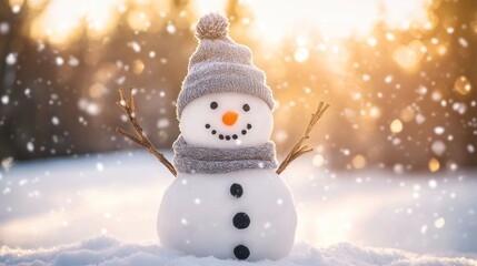 A cheerful snowman stands in a snowy landscape with a warm glow in the background.