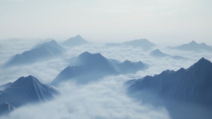 Majestic Mountain Panorama with Misty Clouds at Dawn - A Serene Aerial View