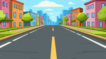 A cartoon city street with colorful buildings and a paved road