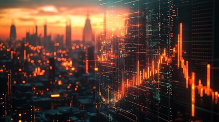 Fototapeta premium A futuristic cityscape with animated financial charts and projections, illustrating advanced economic development and data analysis.