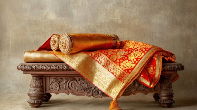 A traditional gold and red Banarasi sari, artfully arranged on a simple wooden stand, creating a stunning visual against a plain beige backdrop