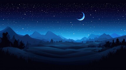 Nighttime Landscape with Crescent Moon and Stars over Silhouetted Mountains and Trees