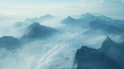 Majestic Mountain Panorama with Misty Clouds at Dawn - A Serene Aerial View