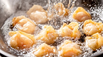 crispy golden crab rangoon being fried in a traditional thai pan, cream cheese filling peeking through corners, oil is bubbling and foaming around crispy pleats, golden patches forming on surface,