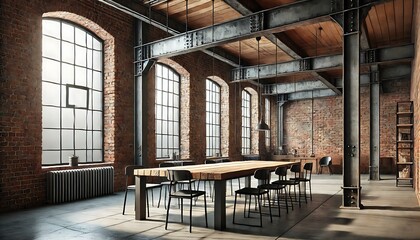  An industrial-style brick room featuring exposed steel beams that run across the ceiling, showcasing a raw, urban aesthetic. Generative AI