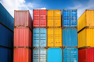 Fototapeta premium stack of colorful shipping containers against blue sky