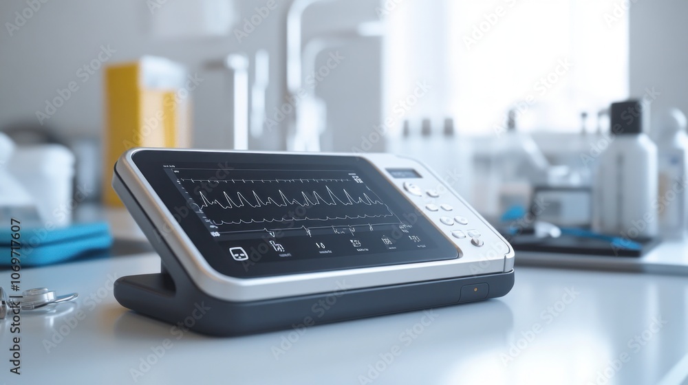 Poster a medical device displaying a waveform on a touchscreen in a clinical setting.