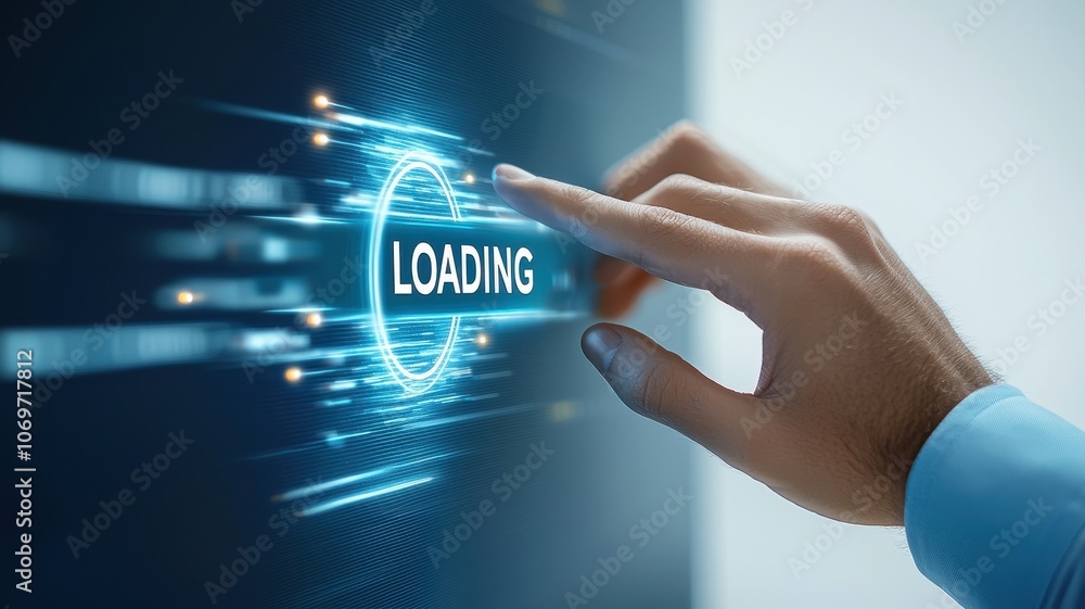 Poster close-up of a hand pressing a digital loading button on a futuristic interface, symbolizing technolo