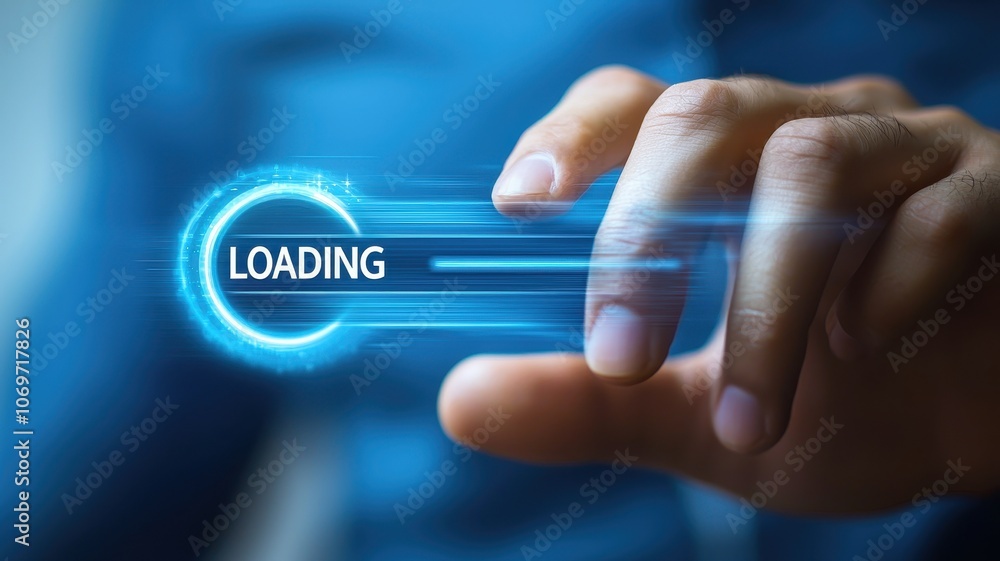 Poster close-up of a hand pressing a digital loading button on a futuristic interface, symbolizing technolo