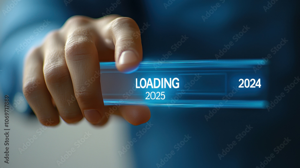Poster a hand interacting with a futuristic loading bar that moves from 2024 to 2025, symbolizing transitio