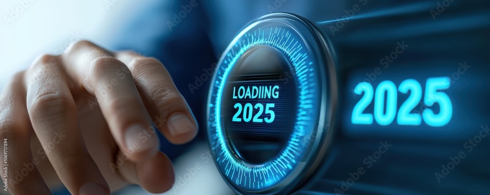 Poster a hand interacts with a futuristic circular loading display for 2025, symbolizing progress, technolo