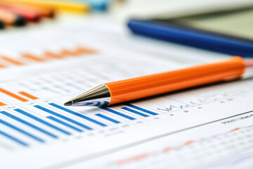 Orange pen laying on chart with blue and orange bar graphs