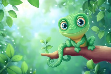 Fototapeta premium A Cartoon Green Chameleon Perched on a Branch in a Lush Forest