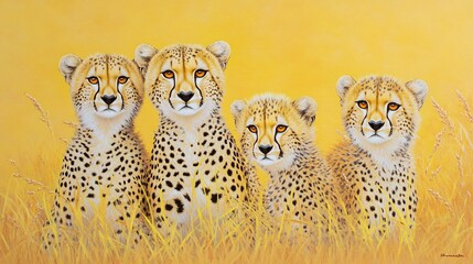 A family of four cheetahs, with all spotted golden fur and tear marks. They're sitting close together in tall grass. Soft savanna yellow background. Realistic spot patterns. Brightly lit. African