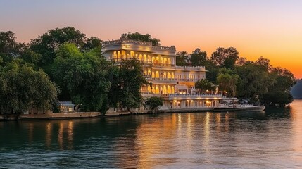 Obraz premium A tranquil sunset view of the Rani Durgavati Palace, showcasing its historical architecture and serene surroundings that invite reflection and admiration